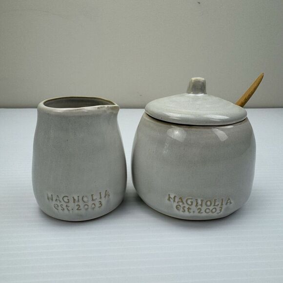 Magnolia Cream and Sugar Set Stoneware with Wood Spoon - Picture 1 of 5
